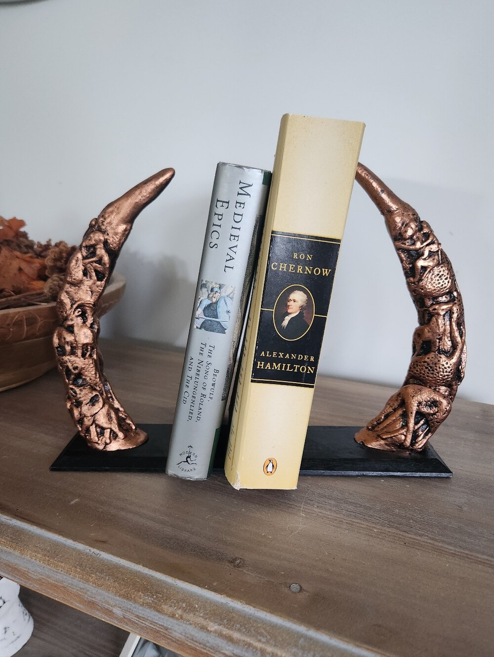 Faux Elephant Tusk Bookends - Display African Safari Animal Resin Bronze Tone